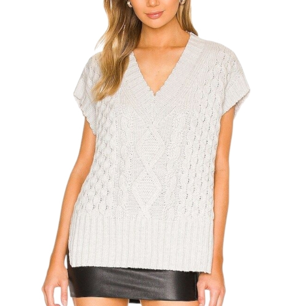 L'Academie Cable Knit Sweater Vest Women Large Grey V Neck Preppy